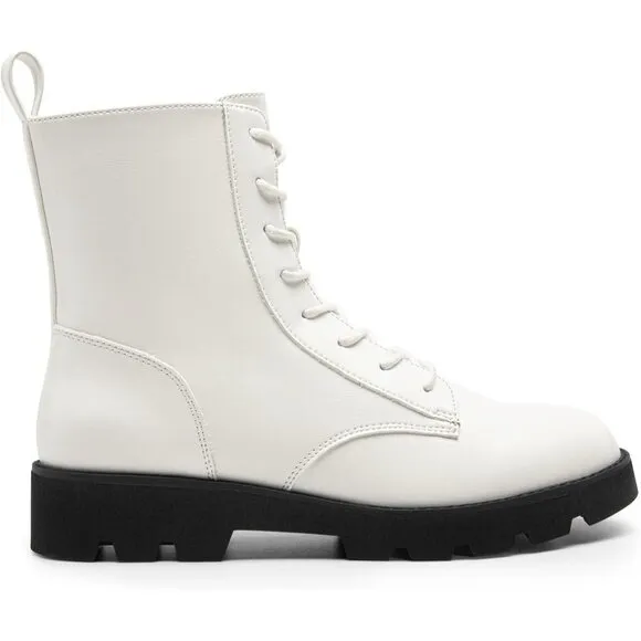 Dream Pairs Ankle Boots Women White Calf Pu Lace up Lug Sole Combat Shoes