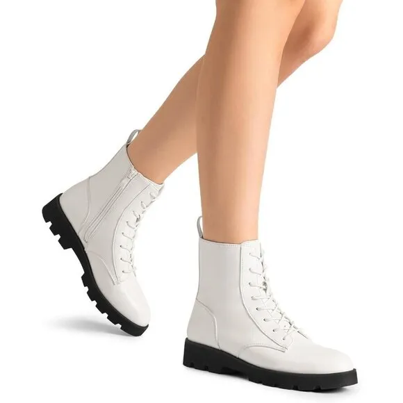 Dream Pairs Ankle Boots Women White Calf Pu Lace up Lug Sole Combat Shoes
