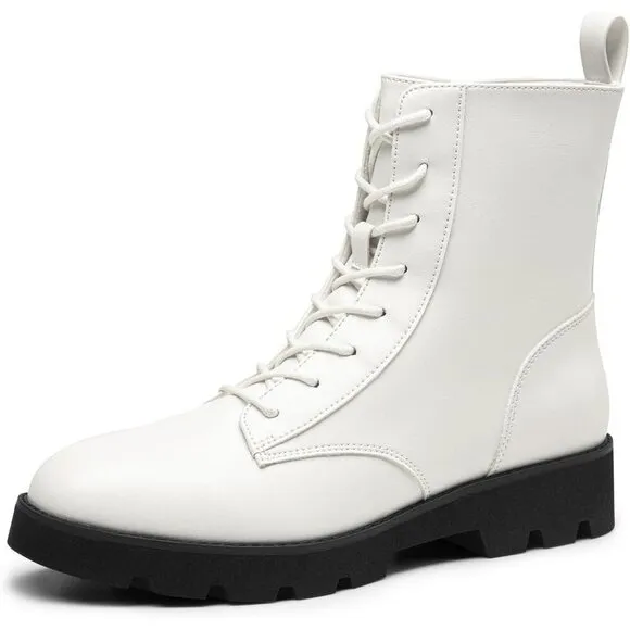 Dream Pairs Ankle Boots Women White Calf Pu Lace up Lug Sole Combat Shoes