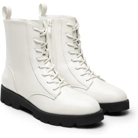 Dream Pairs Ankle Boots Women White Calf Pu Lace up Lug Sole Combat Shoes