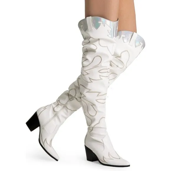 Dream Paris Cowboy Boots Women White Faux Suede Knee Western Cowgirl