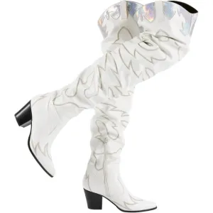 Dream Paris Cowboy Boots Women White Faux Suede Knee Western Cowgirl