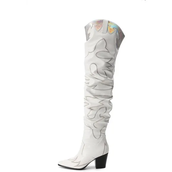 Dream Paris Cowboy Boots Women White Faux Suede Knee Western Cowgirl