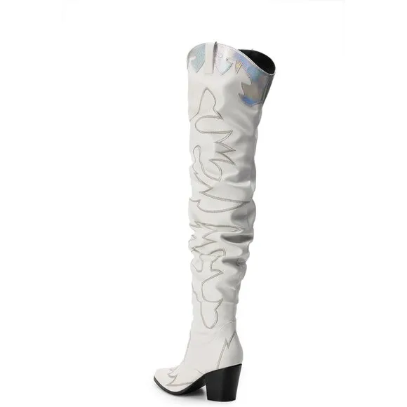 Dream Paris Cowboy Boots Women White Faux Suede Knee Western Cowgirl