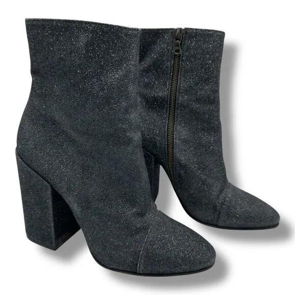 Dries Van Noten Black Glitter Block Heel Side-zip Designer Bootie Boots Sz 9.5