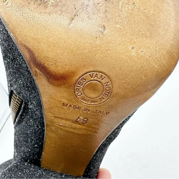 Dries Van Noten Black Glitter Block Heel Side-zip Designer Bootie Boots Sz 9.5