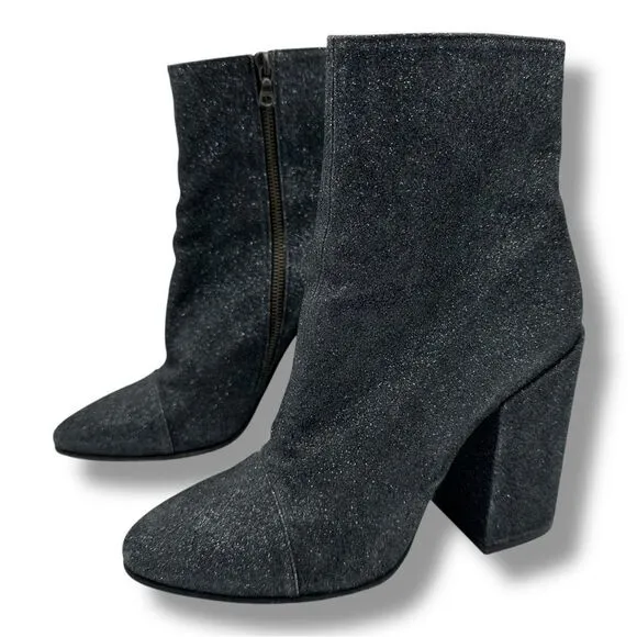 Dries Van Noten Black Glitter Block Heel Side-zip Designer Bootie Boots Sz 9.5