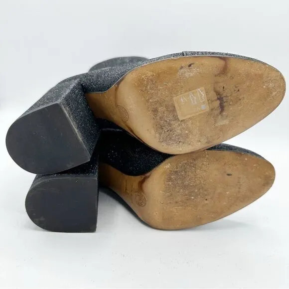 Dries Van Noten Black Glitter Block Heel Side-zip Designer Bootie Boots Sz 9.5