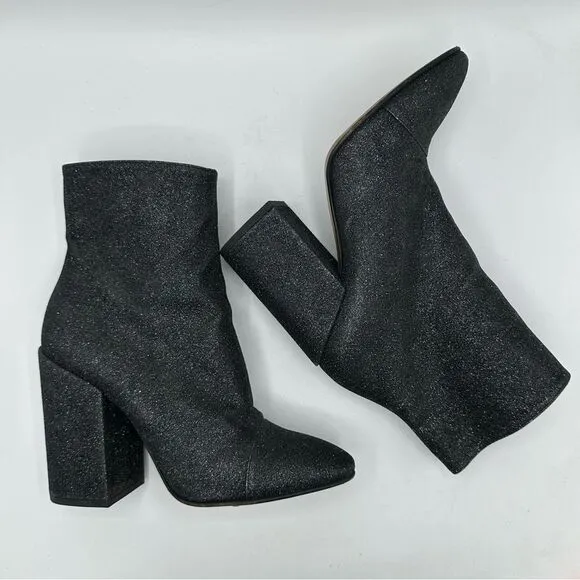 Dries Van Noten Black Glitter Block Heel Side-zip Designer Bootie Boots Sz 9.5