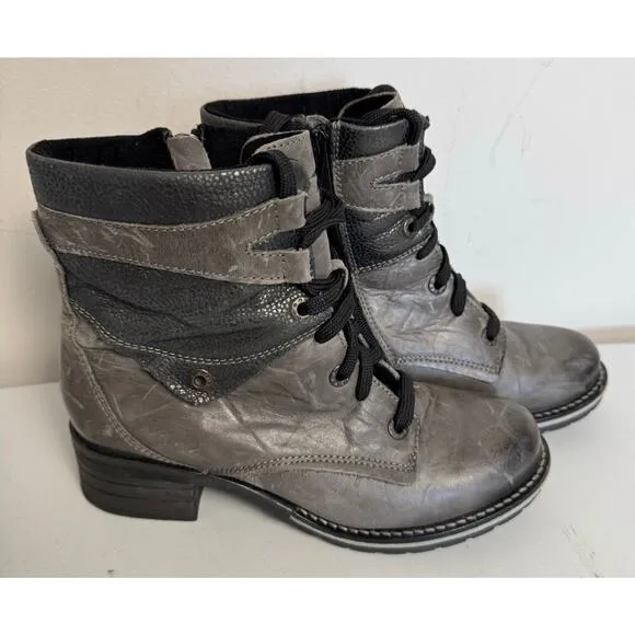 Dromedaris Combat Boots Womens EU38  Gray Leather Lace Up Side Zip Block Heels