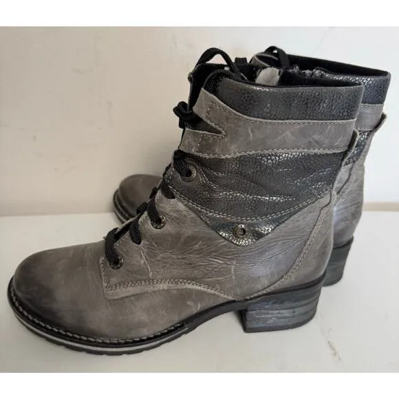 Dromedaris Combat Boots Womens EU38  Gray Leather Lace Up Side Zip Block Heels