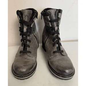 Dromedaris Combat Boots Womens EU38  Gray Leather Lace Up Side Zip Block Heels