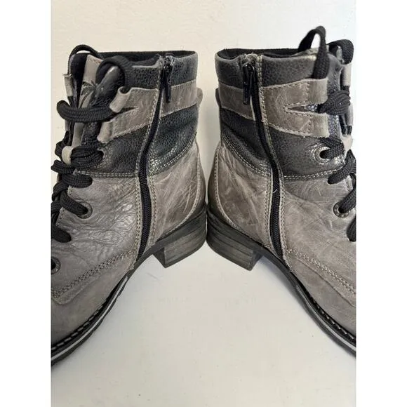 Dromedaris Combat Boots Womens EU38  Gray Leather Lace Up Side Zip Block Heels