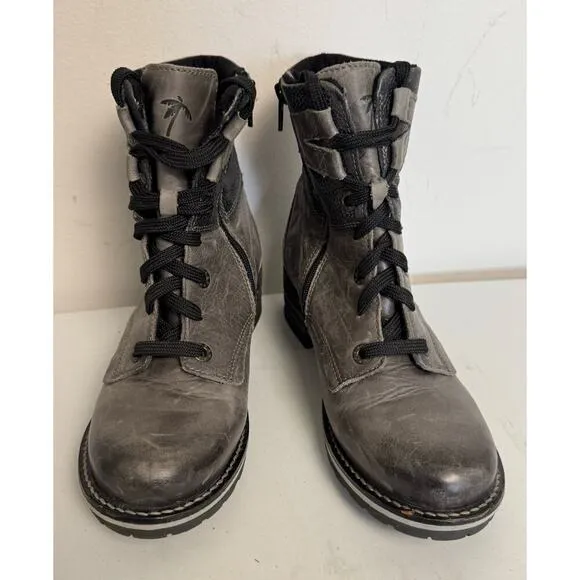 Dromedaris Combat Boots Womens EU38  Gray Leather Lace Up Side Zip Block Heels