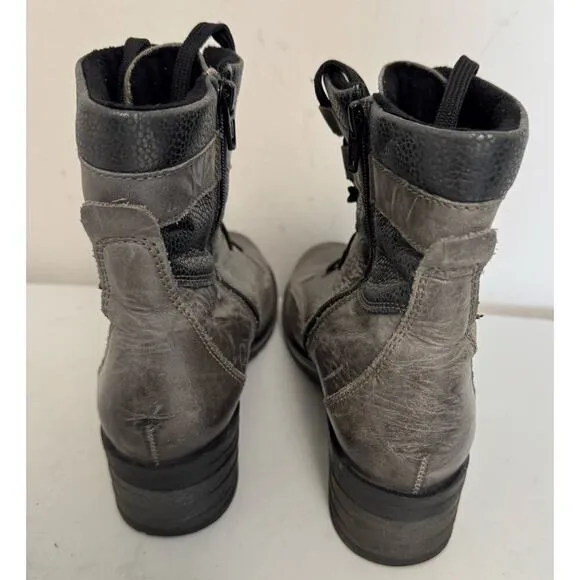 Dromedaris Combat Boots Womens EU38  Gray Leather Lace Up Side Zip Block Heels