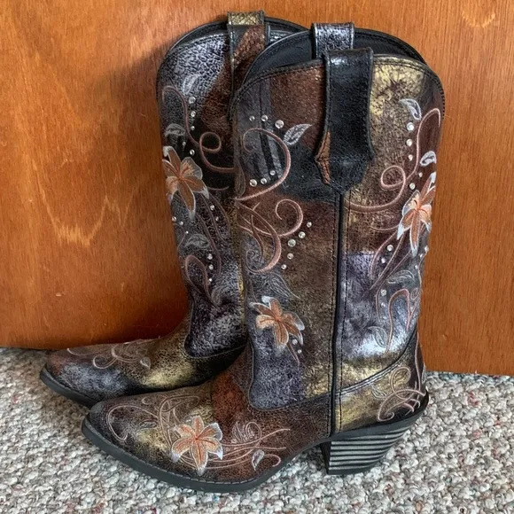 Durango Crush Cowboy Boots RD3030 Size 7 Floral Embroidery Western Rhinestone