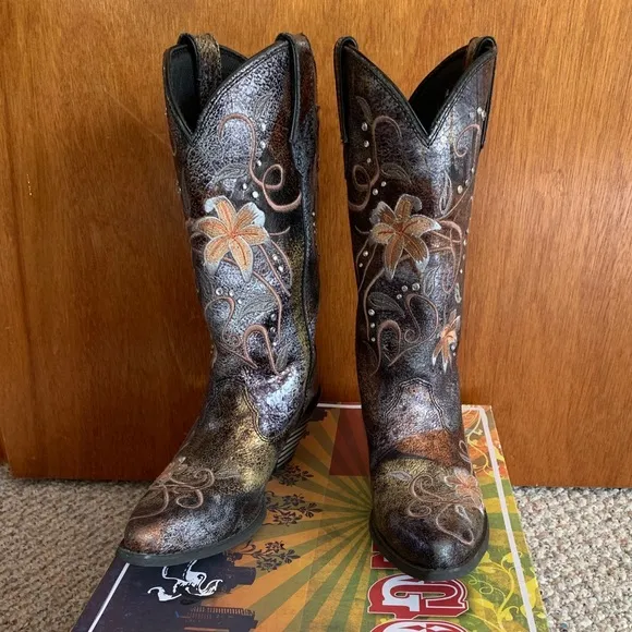 Durango Crush Cowboy Boots RD3030 Size 7 Floral Embroidery Western Rhinestone