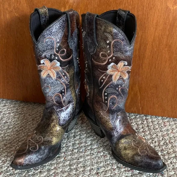Durango Crush Cowboy Boots RD3030 Size 7 Floral Embroidery Western Rhinestone