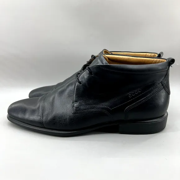 Ecco Chukka Boots Men Size 13 US, 47 EU Black Leather Cap Toe Ankle Formal Shoes