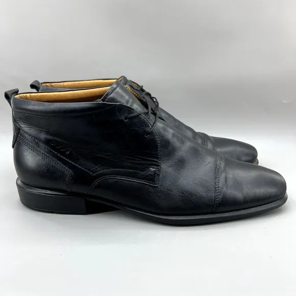 Ecco Chukka Boots Men Size 13 US, 47 EU Black Leather Cap Toe Ankle Formal Shoes