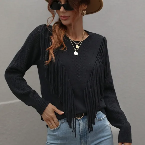 Effortless Fringe Accent Sweater - Black