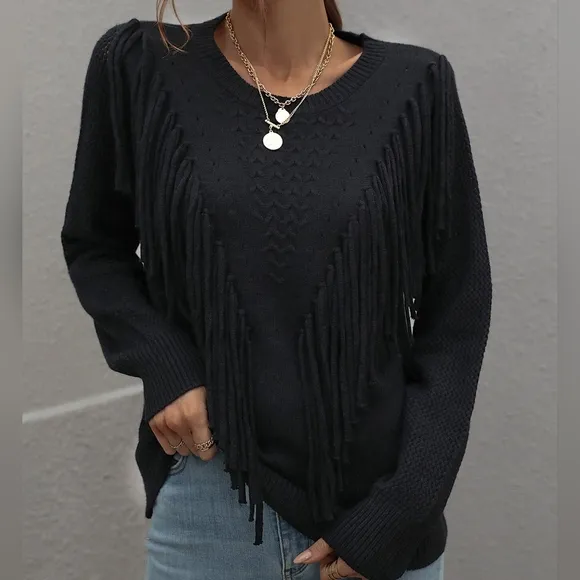 Effortless Fringe Accent Sweater - Black