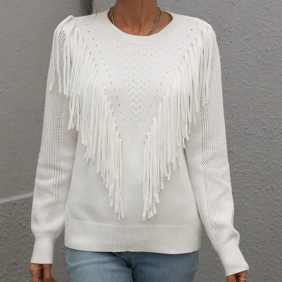 Effortless Fringe Accent Sweater - White
