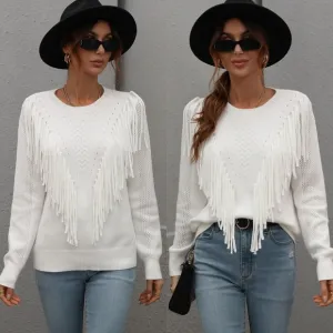 Effortless Fringe Accent Sweater - White