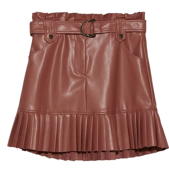 💥EFFORTLESSLY CHIC💥 Pleated Belted Leather Skirt in Rouge Brown