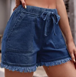 Effortlessly Cool Raw Hem Denim Shorts - Navy B
