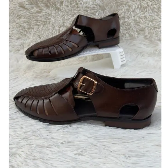 EGOSS men’s fisherman Buckle Closed Toe Sandal Brown leather Made in India Sz 10