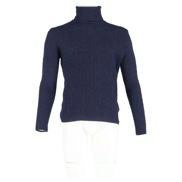 Erdem Cable-Knit Turtleneck Sweater in Navy Blue Wool