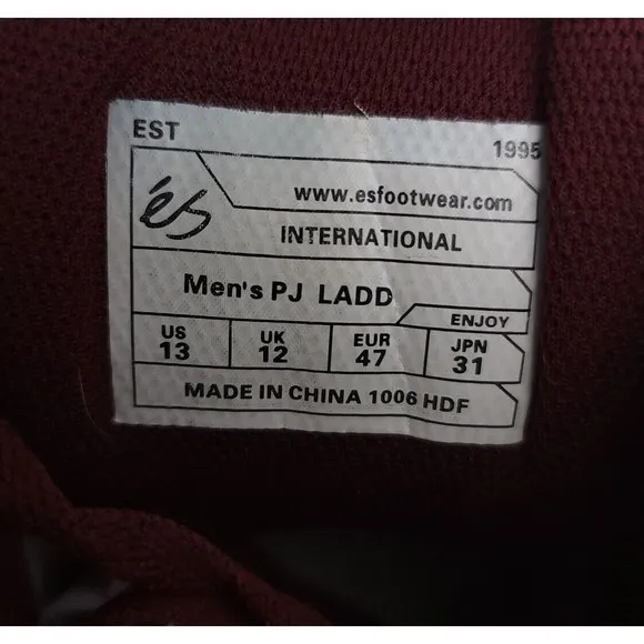 Es Shoes Mens 13 Burgundy White PJ Ladd Low Top Lace‎ Up Skate Sneakers Footwear