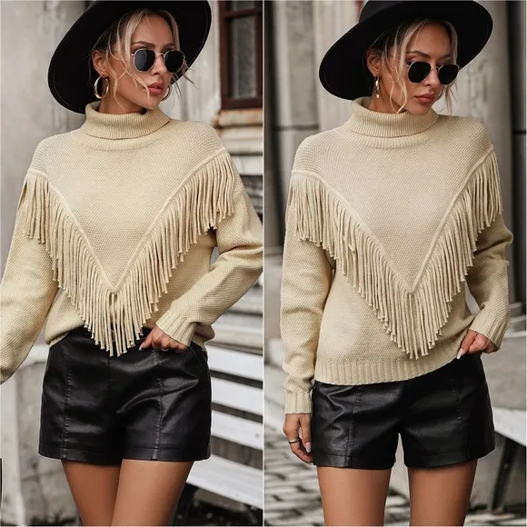 Esme Fringe Turtleneck Sweater - Beige