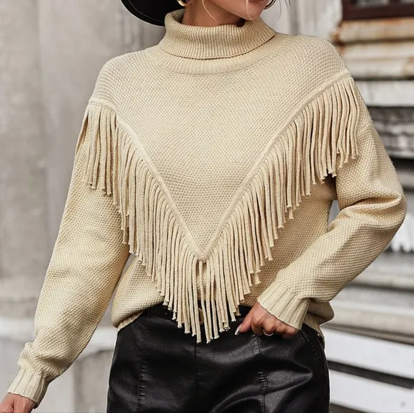 Esme Fringe Turtleneck Sweater - Beige