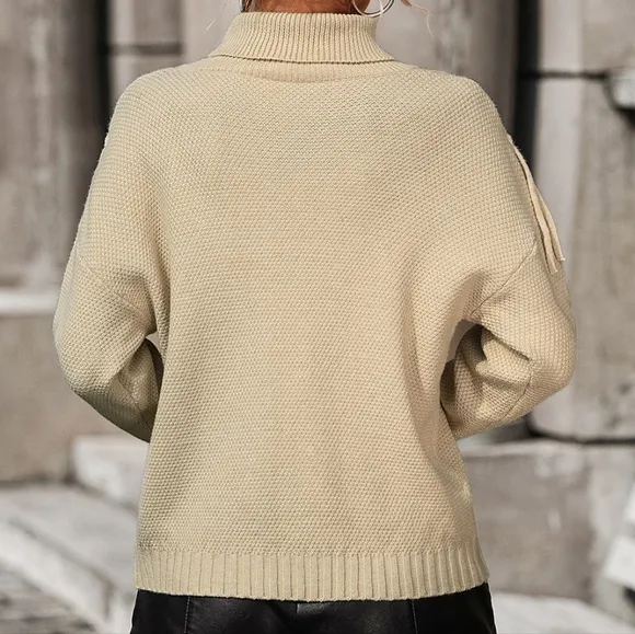 Esme Fringe Turtleneck Sweater - Beige