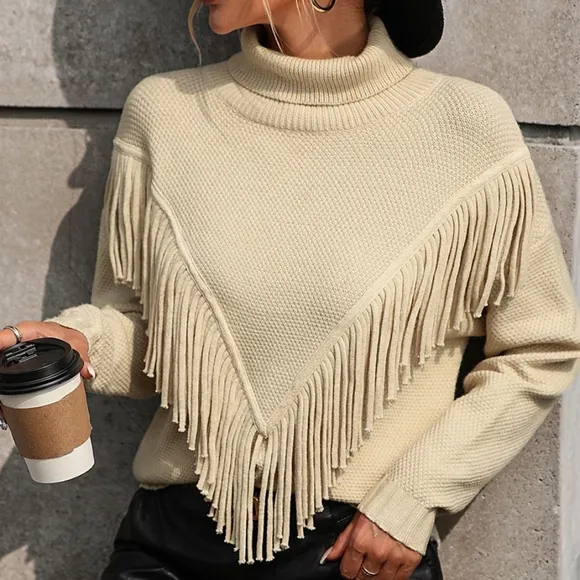 Esme Fringe Turtleneck Sweater - Beige