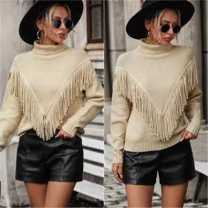 Esme Fringe Turtleneck Sweater - Beige