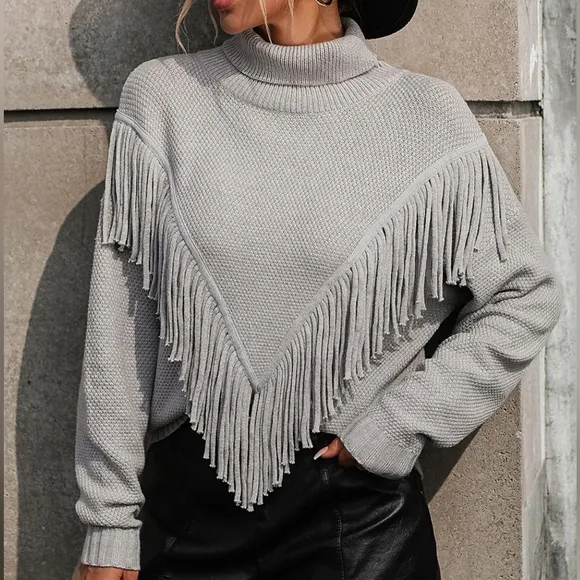 Esme Fringe Turtleneck Sweater - Gray