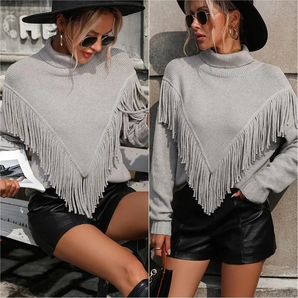 Esme Fringe Turtleneck Sweater - Gray