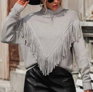 Esme Fringe Turtleneck Sweater - Gray
