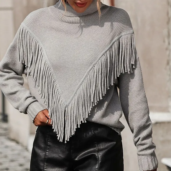 Esme Fringe Turtleneck Sweater - Gray