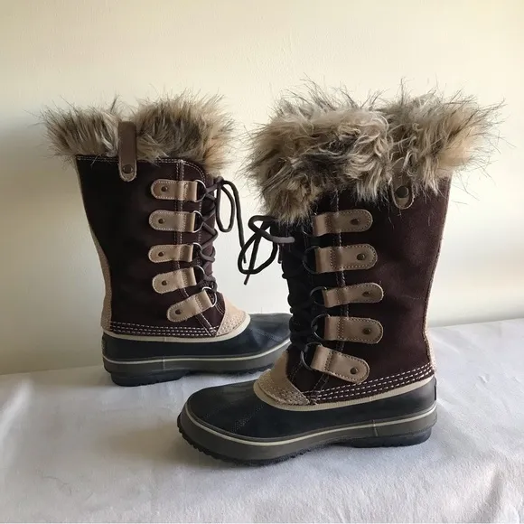 EUC Sorel sz 6 Joan of Arctic boots waterproof. Brown suede Fur top felt bootie