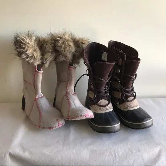 EUC Sorel sz 6 Joan of Arctic boots waterproof. Brown suede Fur top felt bootie