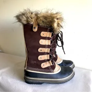 EUC Sorel sz 6 Joan of Arctic boots waterproof. Brown suede Fur top felt bootie