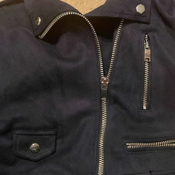 EUC Zara Womens Navy Blue Suede Effect Biker Jacket (No Belt)