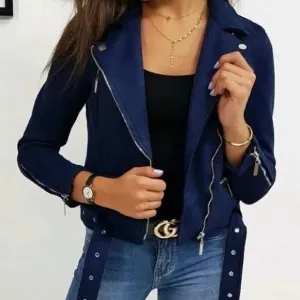 EUC Zara Womens Navy Blue Suede Effect Biker Jacket (No Belt)