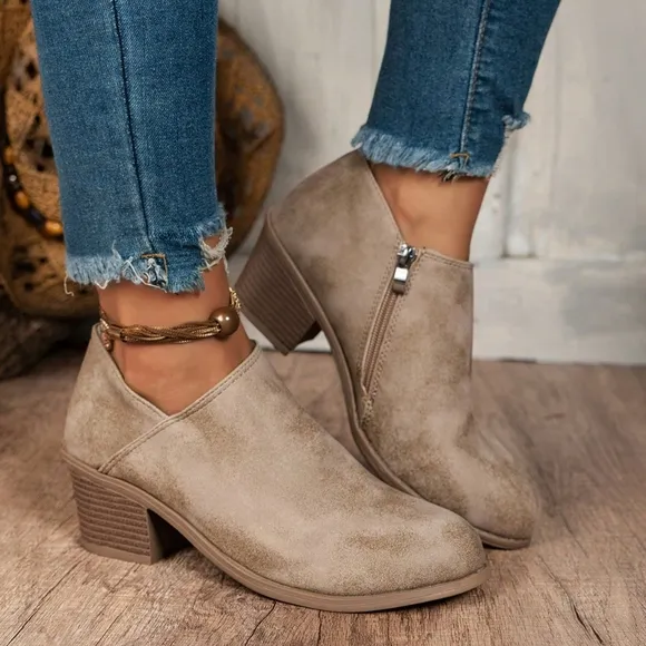Fashion Chunky Heel Side Zipper Ankle Boots And Short Boots,