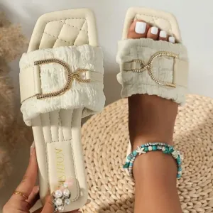 Fashionable Women'S Metal Decorative Buckle Comfortable Beige Flat Sandals, Toe
