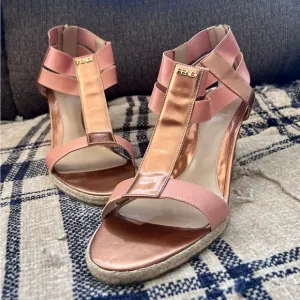 Fendi Rose Gold Leather And Elastic Carioca Wedge Espadrille Sandals
